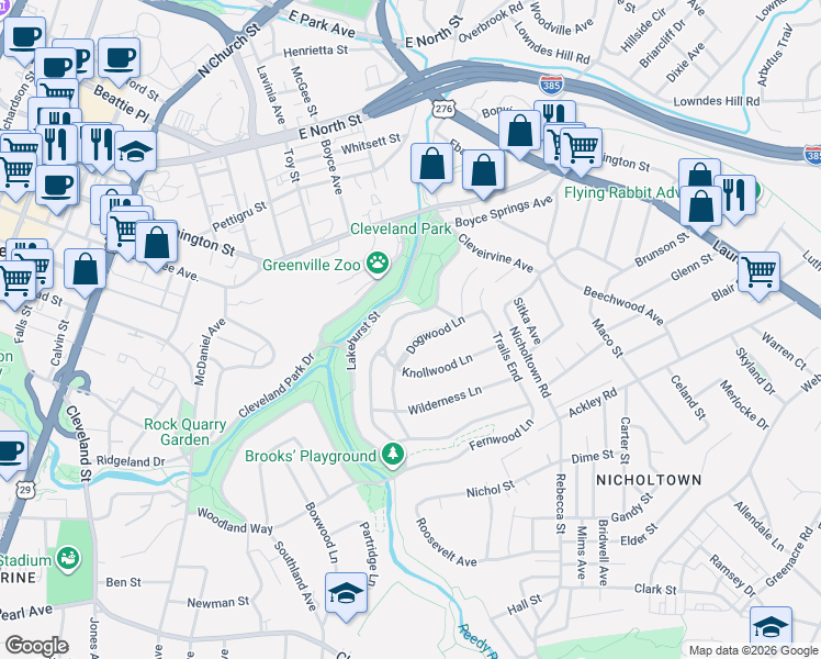 map of restaurants, bars, coffee shops, grocery stores, and more near 418 Woodland Way in Greenville