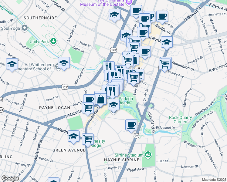 map of restaurants, bars, coffee shops, grocery stores, and more near 155 Riverplace in Greenville