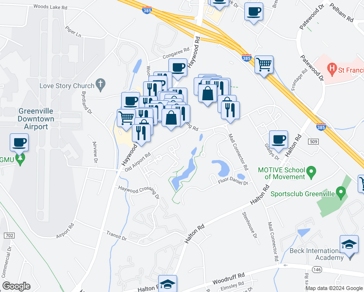 map of restaurants, bars, coffee shops, grocery stores, and more near 930 Old Airport Road in Greenville