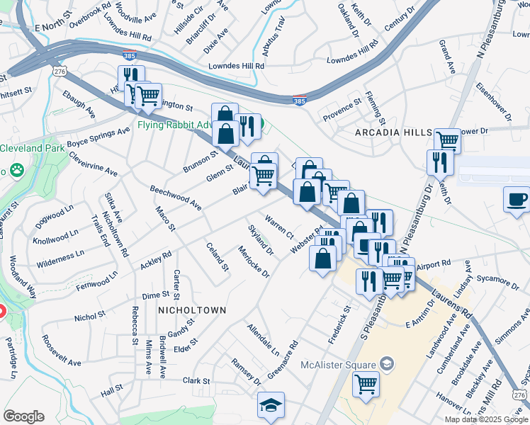 map of restaurants, bars, coffee shops, grocery stores, and more near 24 Ackley Road in Greenville