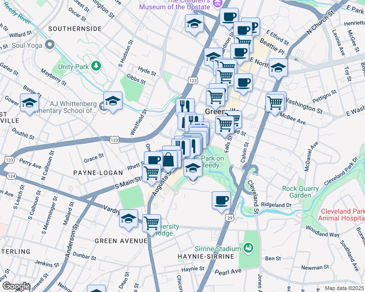 map of restaurants, bars, coffee shops, grocery stores, and more near 9 West Camperdown Way in Greenville