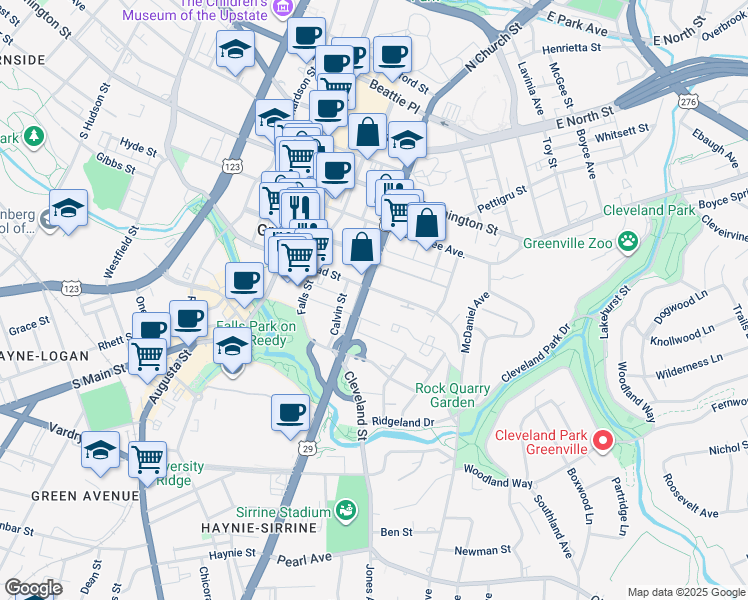 map of restaurants, bars, coffee shops, grocery stores, and more near 210 East Broad Street in Greenville