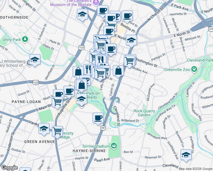 map of restaurants, bars, coffee shops, grocery stores, and more near 8 Webster Street in Greenville