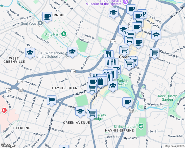 map of restaurants, bars, coffee shops, grocery stores, and more near 225 South Academy Street in Greenville