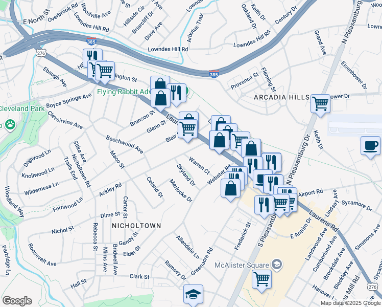 map of restaurants, bars, coffee shops, grocery stores, and more near 15 Ackley Road in Greenville