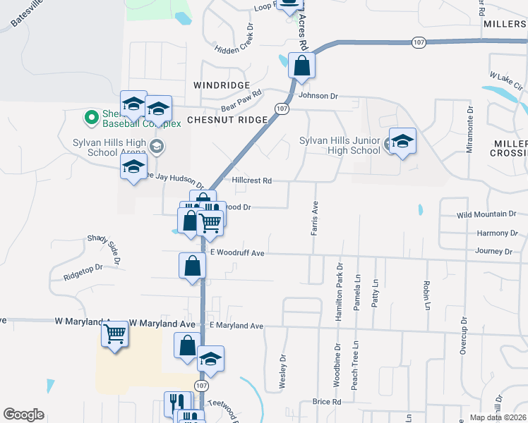 map of restaurants, bars, coffee shops, grocery stores, and more near 321 Hillwood Drive in Sherwood