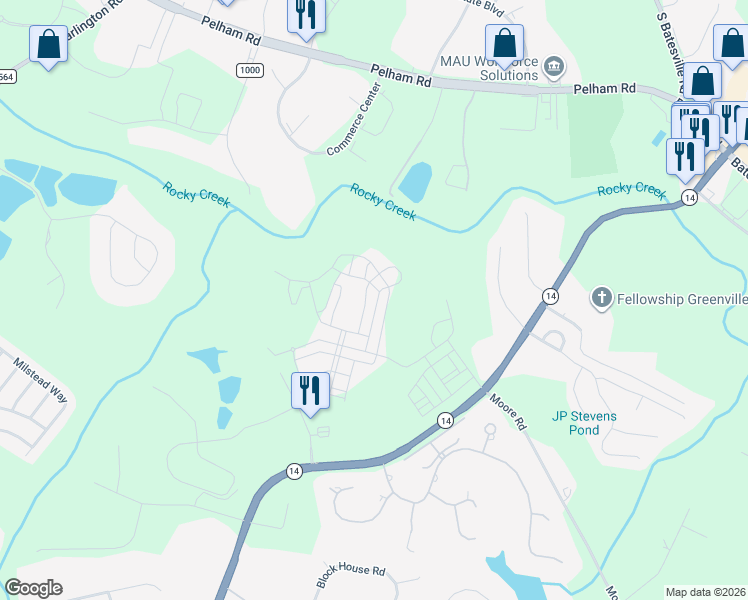 map of restaurants, bars, coffee shops, grocery stores, and more near 115 Bratton Drive in Greenville