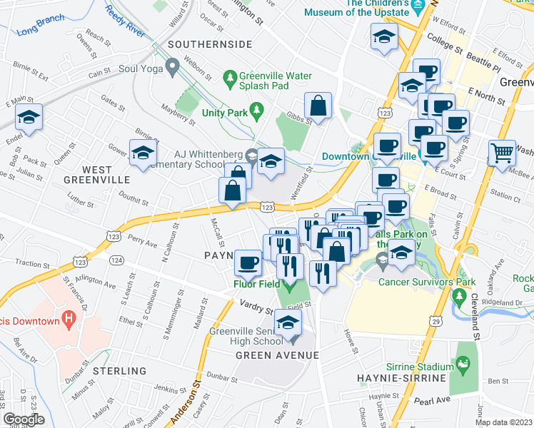 map of restaurants, bars, coffee shops, grocery stores, and more near 90 Payne Street in Greenville