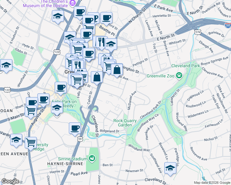 map of restaurants, bars, coffee shops, grocery stores, and more near 29 Station Court in Greenville