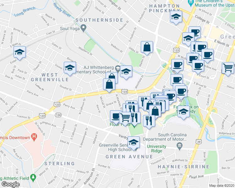 map of restaurants, bars, coffee shops, grocery stores, and more near 306 North Markley Street in Greenville