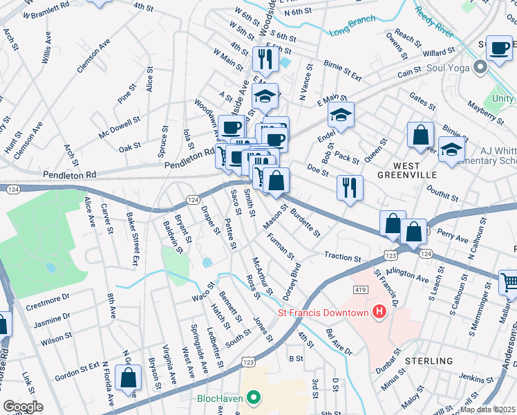 map of restaurants, bars, coffee shops, grocery stores, and more near 6 Smith Street in Greenville