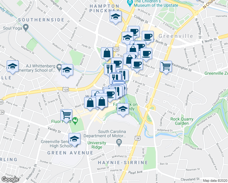 map of restaurants, bars, coffee shops, grocery stores, and more near 531 South Main Street in Greenville