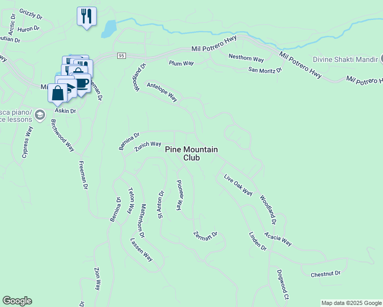 map of restaurants, bars, coffee shops, grocery stores, and more near 15420 Live Oak Way in Frazier Park