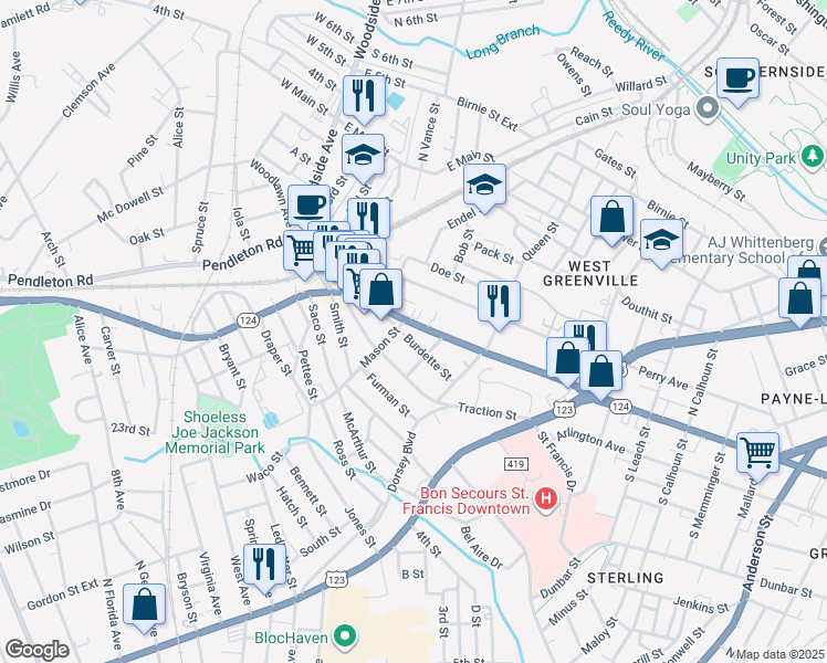 map of restaurants, bars, coffee shops, grocery stores, and more near 1187 Pendleton Street in Greenville