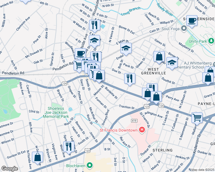 map of restaurants, bars, coffee shops, grocery stores, and more near 1187 Pendleton Street in Greenville