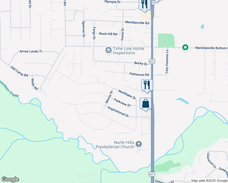 map of restaurants, bars, coffee shops, grocery stores, and more near 340 Northlake Drive in Meridianville