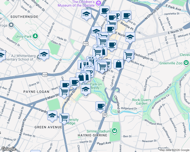 map of restaurants, bars, coffee shops, grocery stores, and more near 355 South Main Street in Greenville
