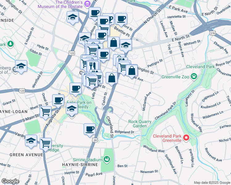 map of restaurants, bars, coffee shops, grocery stores, and more near 212 East Broad Street in Greenville