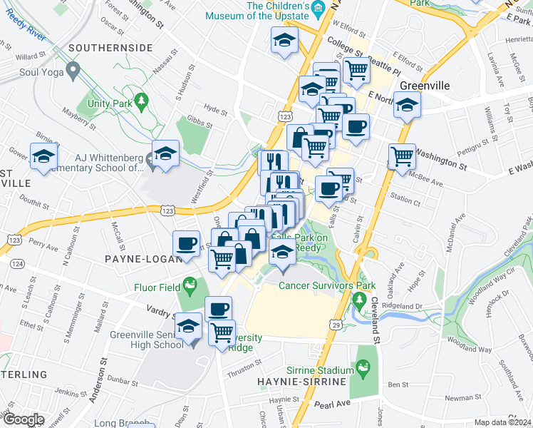 map of restaurants, bars, coffee shops, grocery stores, and more near 9 West Camperdown Way in Greenville