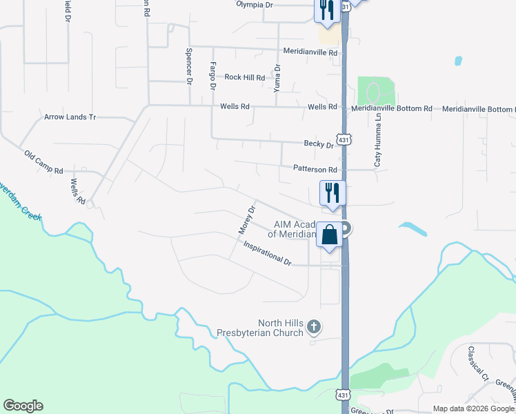 map of restaurants, bars, coffee shops, grocery stores, and more near 101 Morey Drive in Meridianville