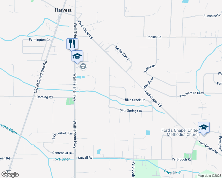 map of restaurants, bars, coffee shops, grocery stores, and more near 219 Waterbrook Lane in Harvest