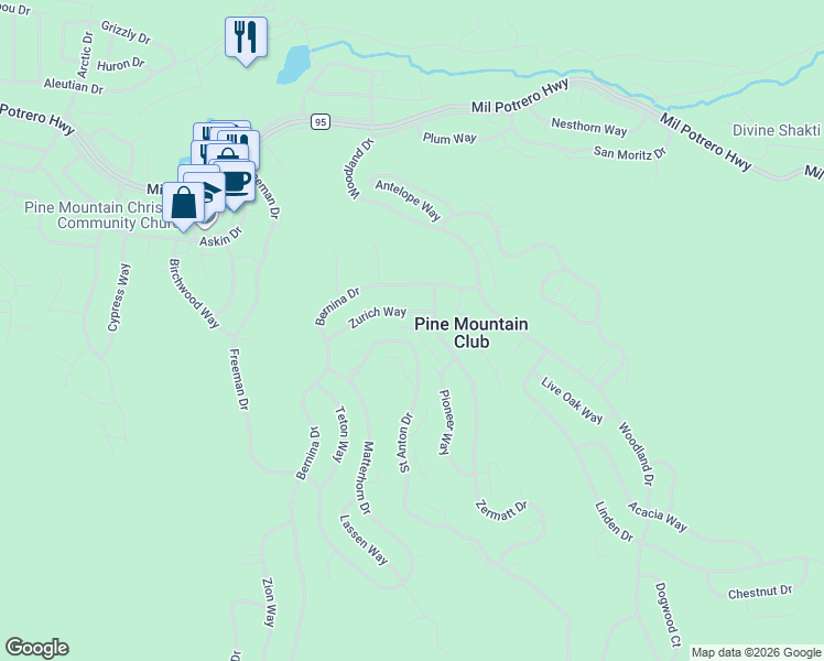 map of restaurants, bars, coffee shops, grocery stores, and more near 15824 Zurich Way in Pine Mountain Club