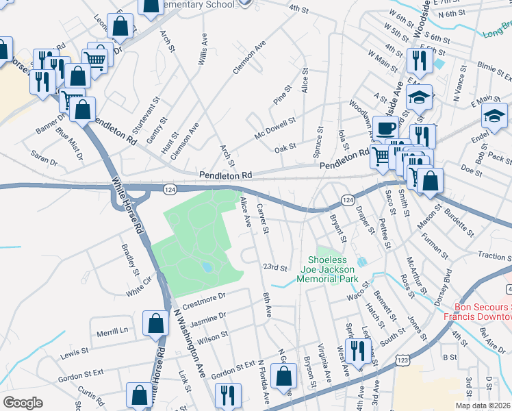 map of restaurants, bars, coffee shops, grocery stores, and more near 1001 Miles Court in Greenville