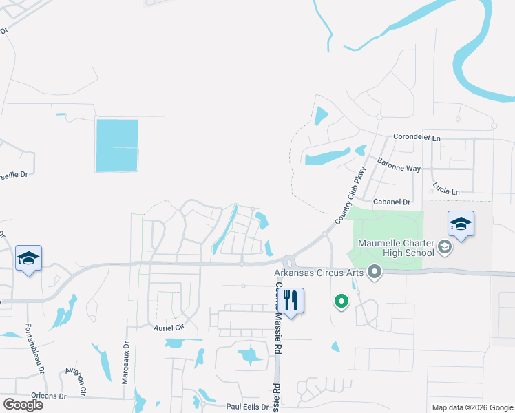 map of restaurants, bars, coffee shops, grocery stores, and more near 15 Michele Court in Maumelle