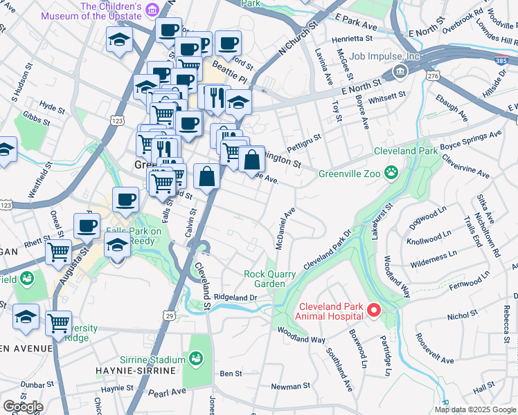 map of restaurants, bars, coffee shops, grocery stores, and more near 25 Station Court in Greenville