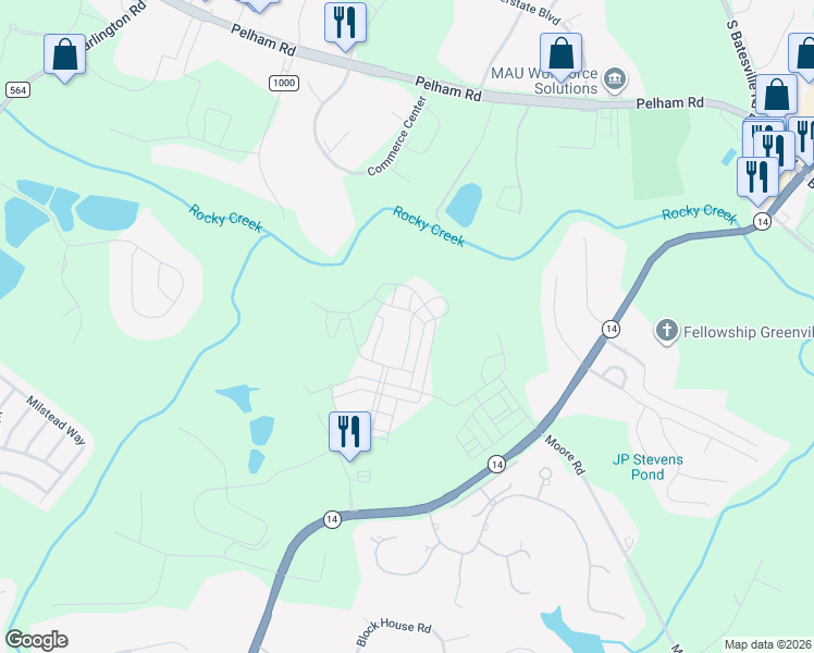 map of restaurants, bars, coffee shops, grocery stores, and more near 113 Bratton Drive in Greenville
