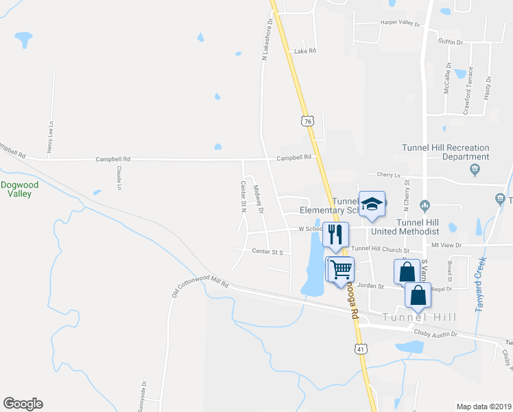 map of restaurants, bars, coffee shops, grocery stores, and more near 117 Midway Drive in Tunnel Hill