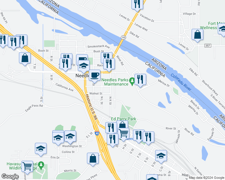 map of restaurants, bars, coffee shops, grocery stores, and more near 311 North K Street in Needles