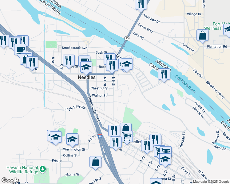 map of restaurants, bars, coffee shops, grocery stores, and more near 311 North K Street in Needles