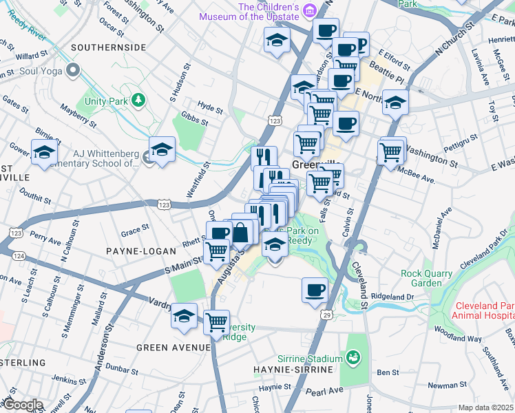 map of restaurants, bars, coffee shops, grocery stores, and more near Falls Park Drive in Greenville