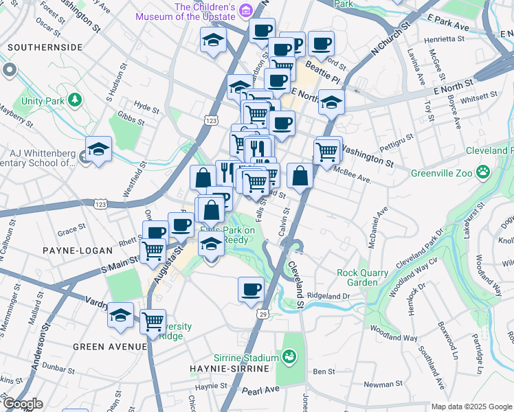 map of restaurants, bars, coffee shops, grocery stores, and more near 8 Webster Street in Greenville