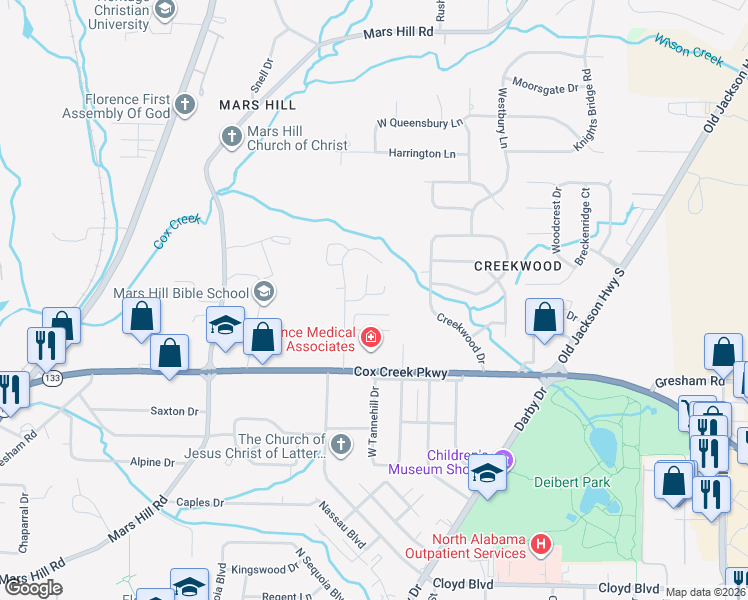 map of restaurants, bars, coffee shops, grocery stores, and more near 104 Tree Top Point in Florence