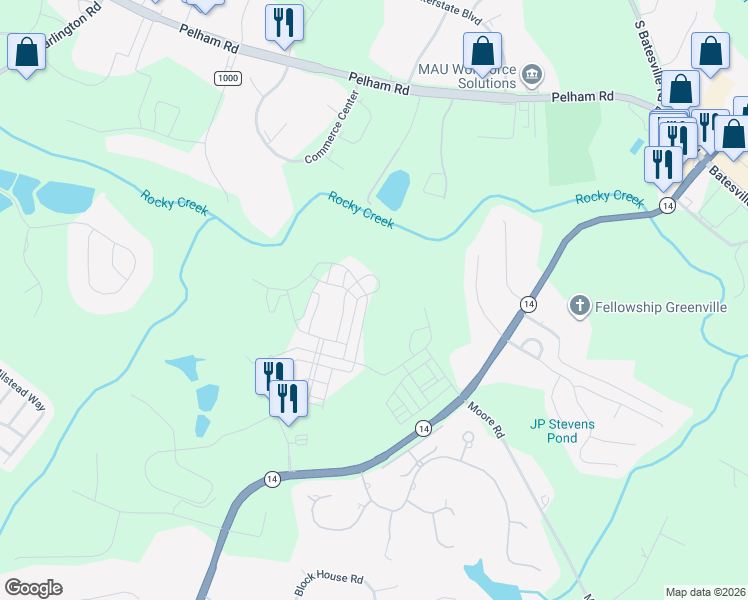 map of restaurants, bars, coffee shops, grocery stores, and more near 115 Bratton Drive in Greenville
