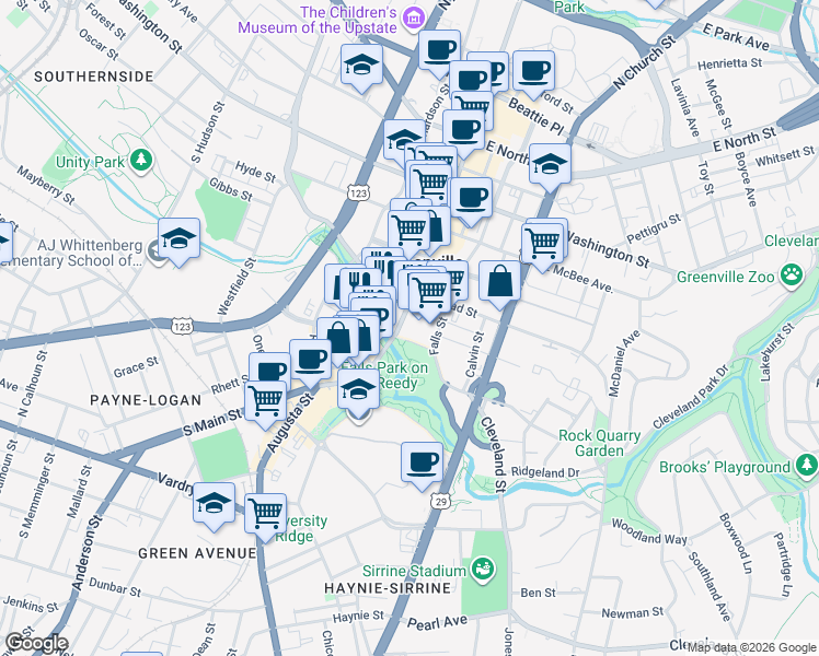 map of restaurants, bars, coffee shops, grocery stores, and more near 423 South Main Street in Greenville