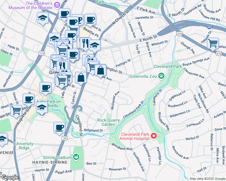 map of restaurants, bars, coffee shops, grocery stores, and more near 85 Doctor David C Francis Street in Greenville