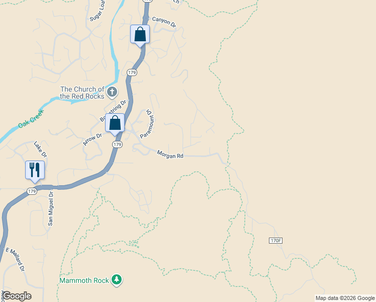 map of restaurants, bars, coffee shops, grocery stores, and more near 10 Cypress Court in Sedona