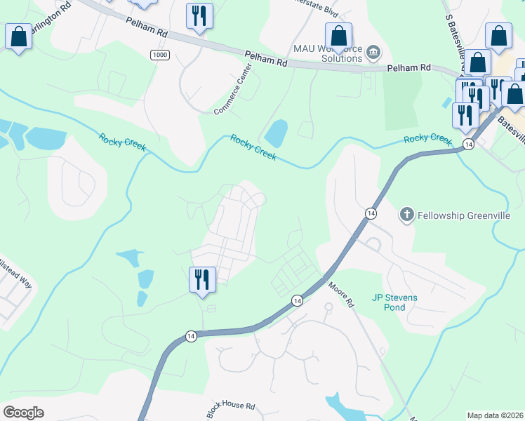 map of restaurants, bars, coffee shops, grocery stores, and more near 115 Bratton Drive in Greenville