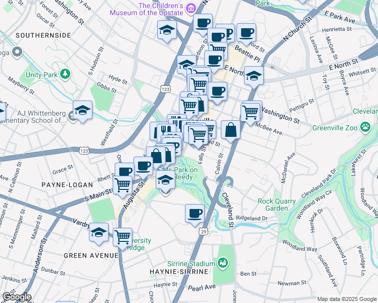 map of restaurants, bars, coffee shops, grocery stores, and more near 300 South Main Street in Greenville