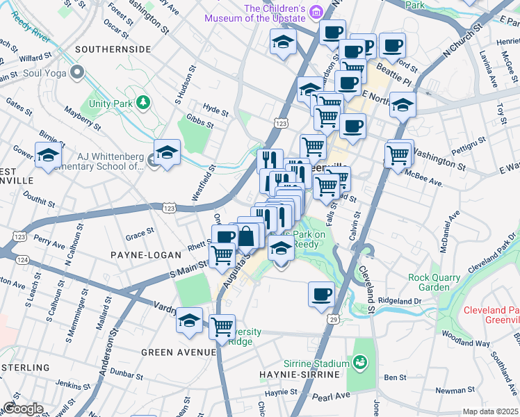 map of restaurants, bars, coffee shops, grocery stores, and more near Falls Park Drive in Greenville