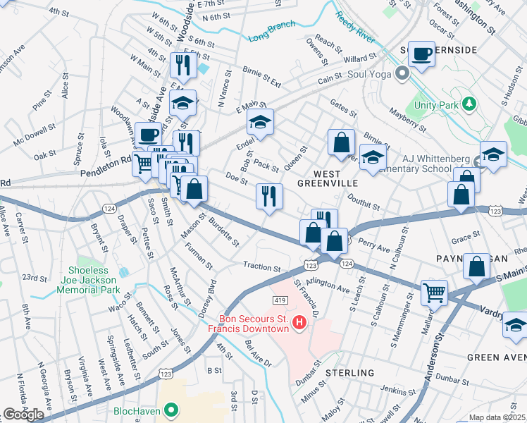 map of restaurants, bars, coffee shops, grocery stores, and more near 501 Perry Avenue in Greenville