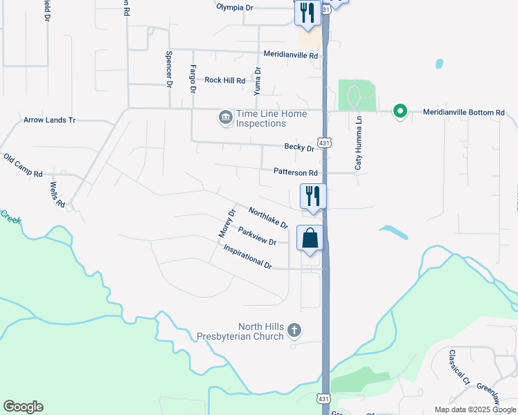 map of restaurants, bars, coffee shops, grocery stores, and more near 329 Northlake Drive in Meridianville
