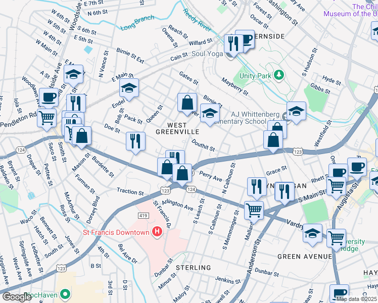 map of restaurants, bars, coffee shops, grocery stores, and more near 8 Manning Street in Greenville