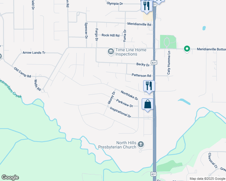 map of restaurants, bars, coffee shops, grocery stores, and more near 340 Northlake Drive in Meridianville