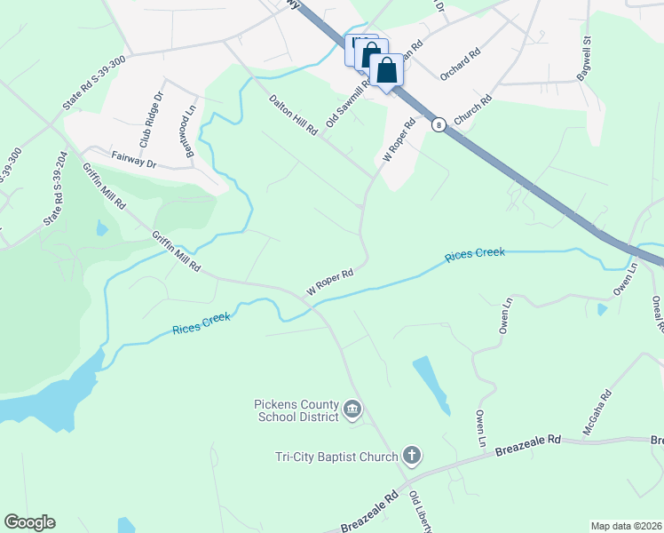 map of restaurants, bars, coffee shops, grocery stores, and more near 424 West Roper Road in Easley