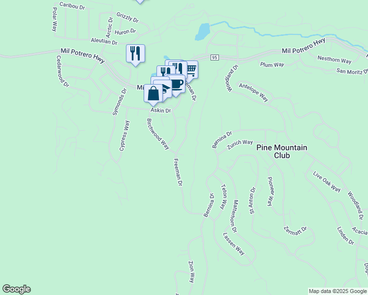 map of restaurants, bars, coffee shops, grocery stores, and more near 2204 Freeman Drive in Pine Mountain Club