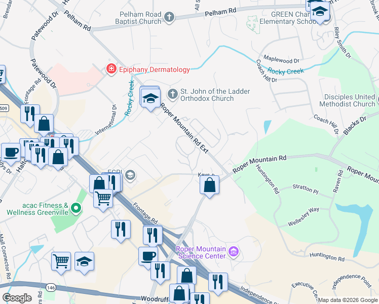 map of restaurants, bars, coffee shops, grocery stores, and more near 230 Roper Mountain Road Extension in Greenville
